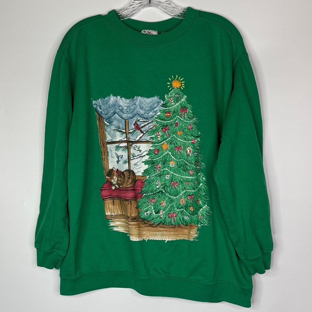 Vintage Nutcracker Christmas Cat Green Sweatshirt Size XL